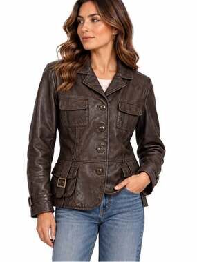 Danier Brown Leather Safari Jacket S 4 Pocket Tailored Utility Style 50310